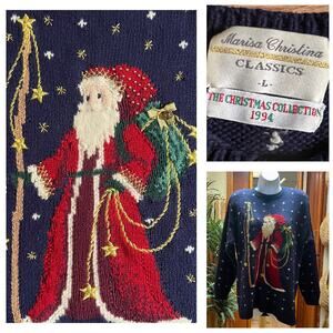 Vintage Marisa Christina Sweater L | 1994 Christmas Collection Santa Claus Bell